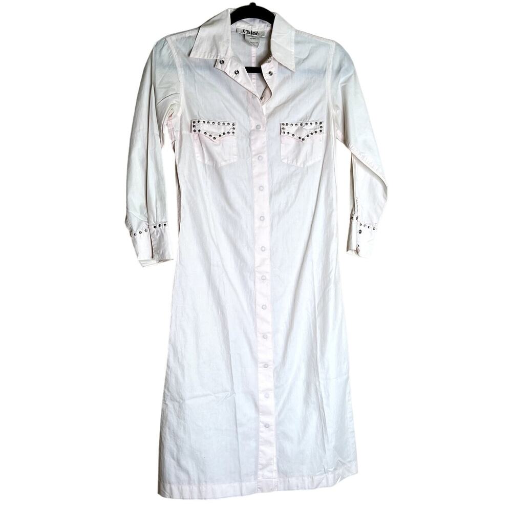 Chloé Studded Shirt Dress Poudre Ivory-Blush EU 36 US 2/4 Midi Made in France